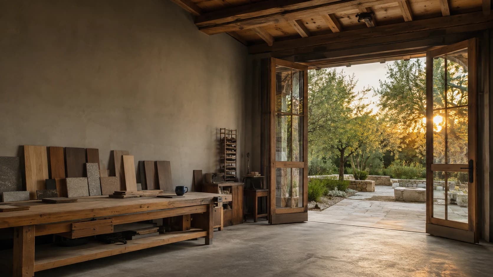 A sunlit courtyard beyond the open doors of an independent business studio