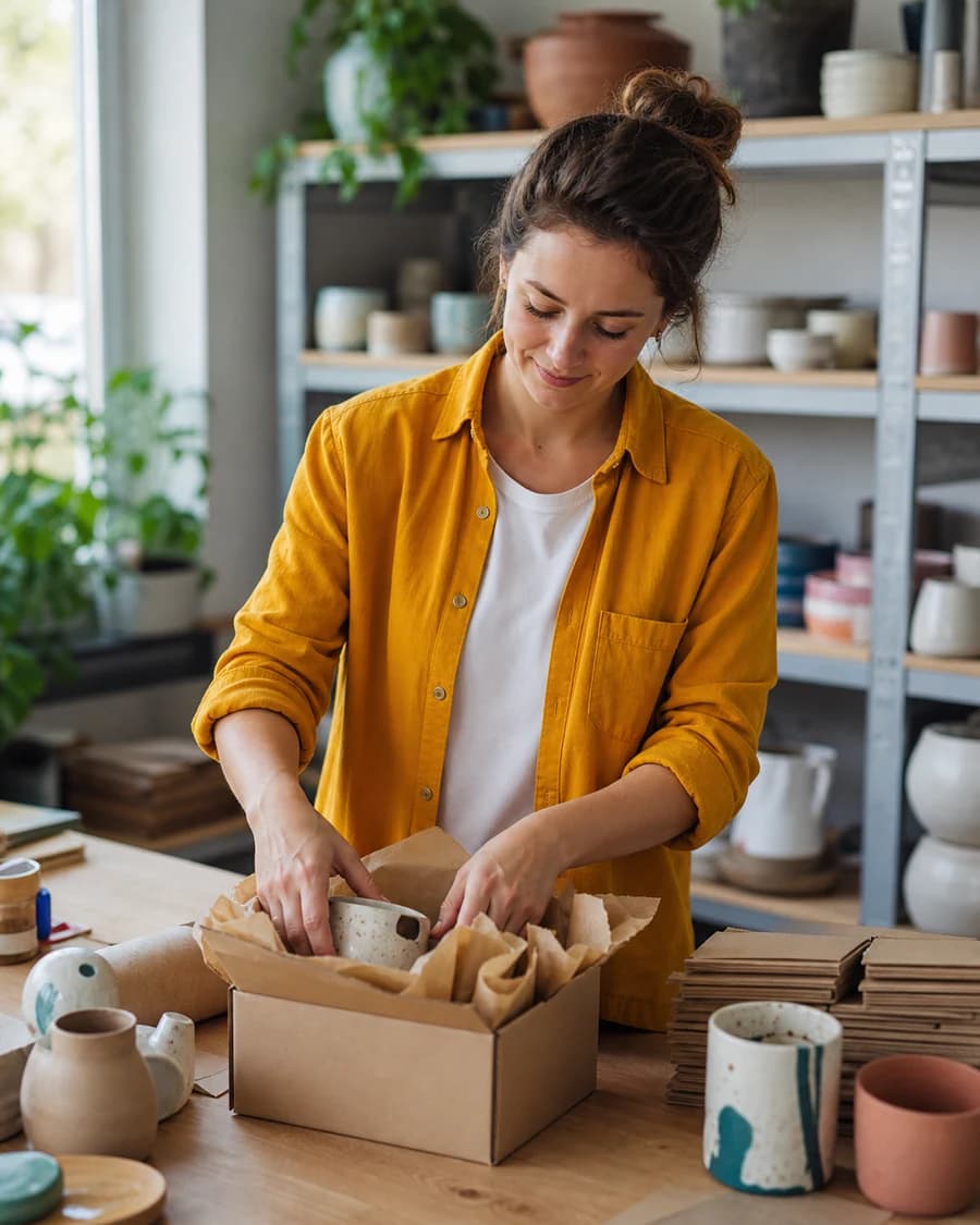 An ecommerce business owner in yellow preparing a customer order