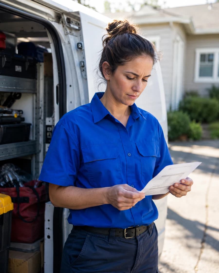 An HVAC technician in blue workwear checking the day's plans