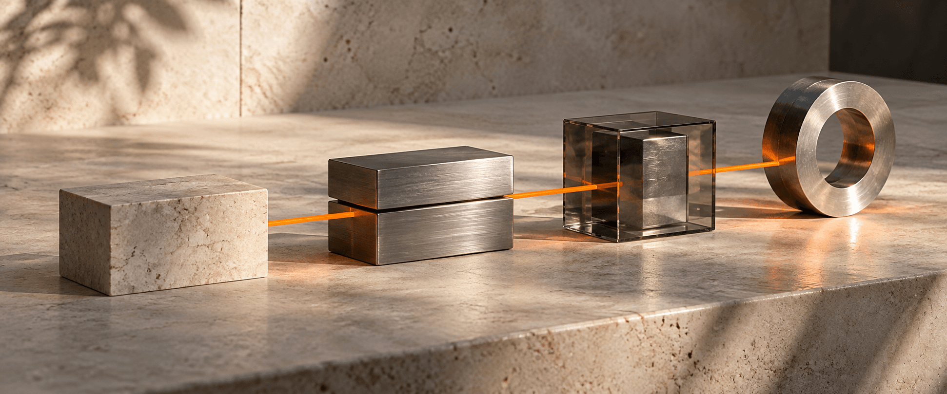 Four architectural forms connected in sequence by a single orange path