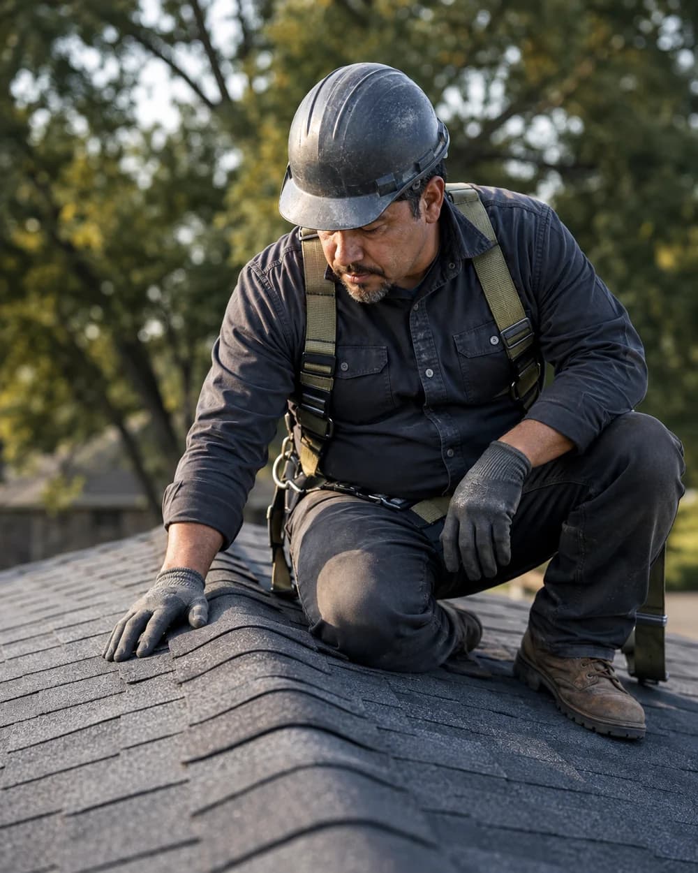 A roofing contractor inspecting his work