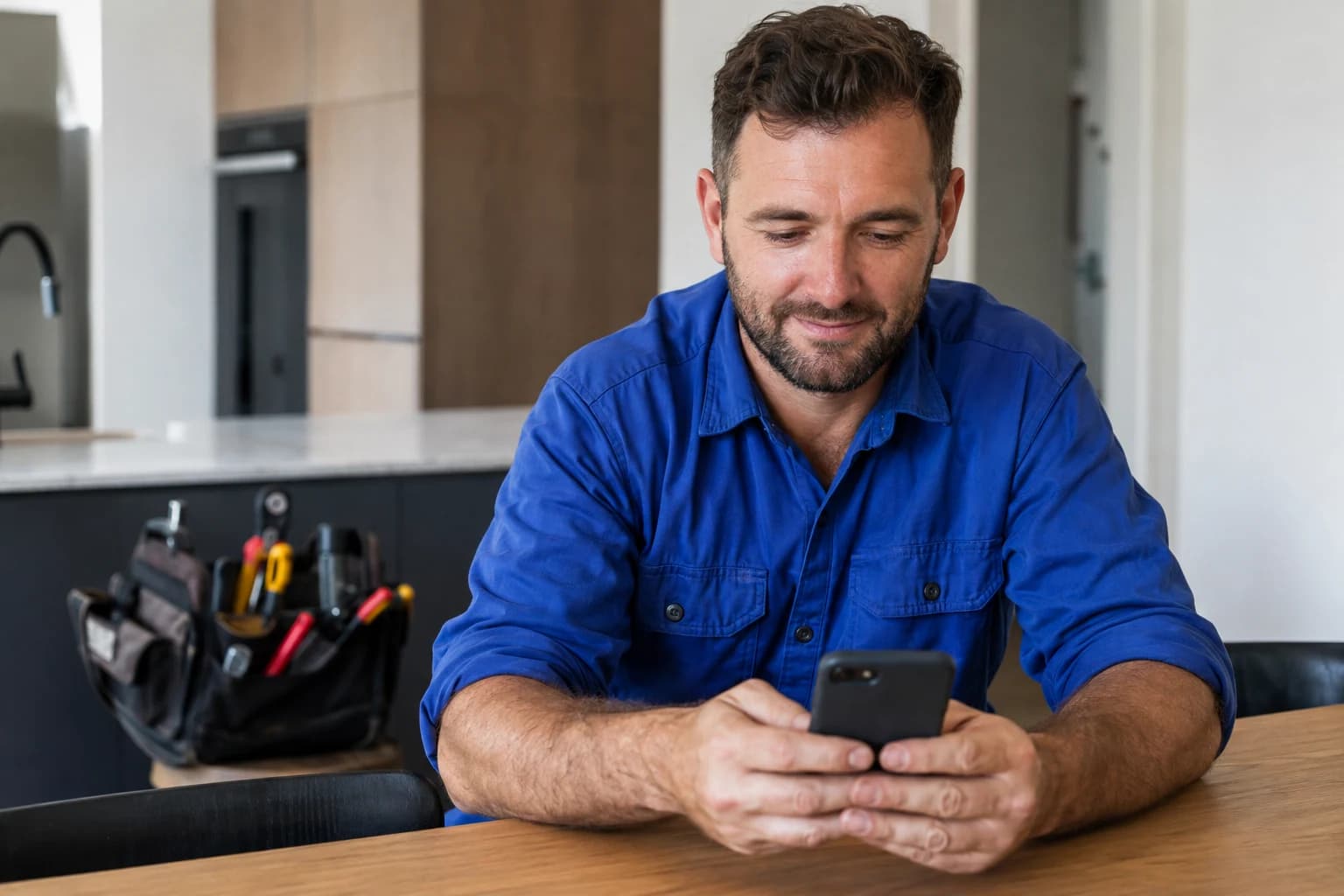 An electrician in blue workwear checking a phone after a job