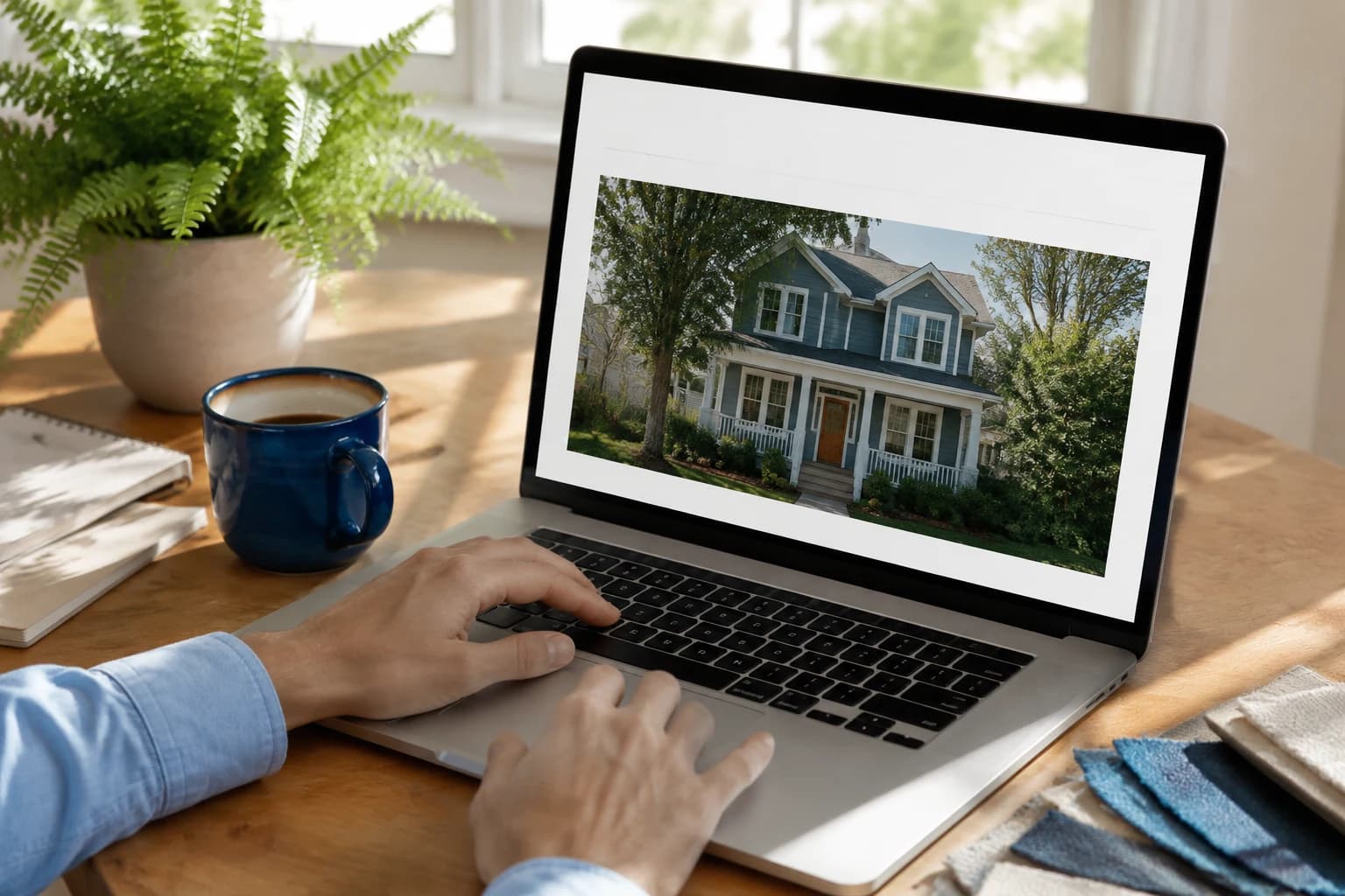 A real website design workspace with a laptop and a blue ceramic cup